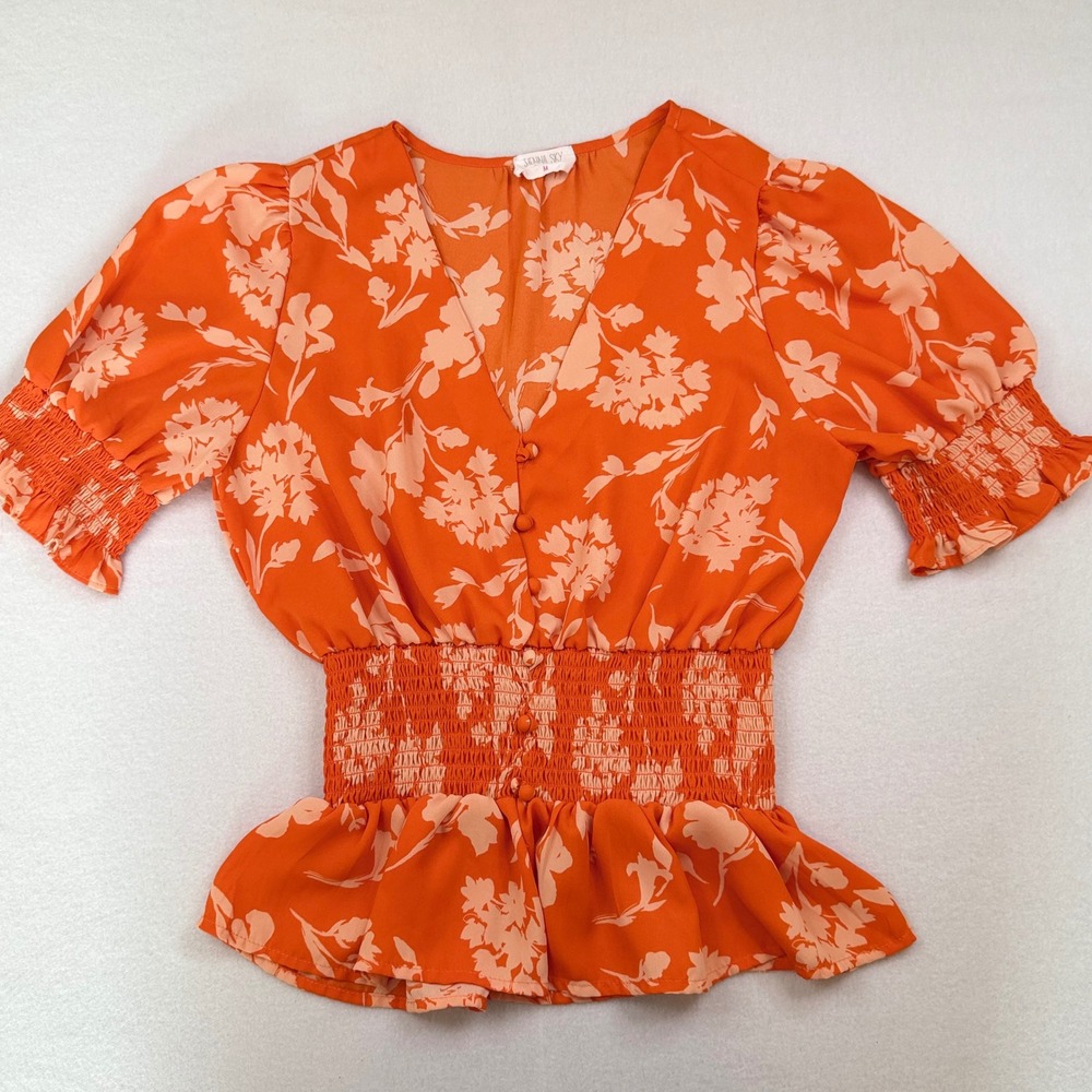Sienna Sky Orange Floral Smocked Peplum Top V-Neck Puff Sleeve 02CT3624 Sz M